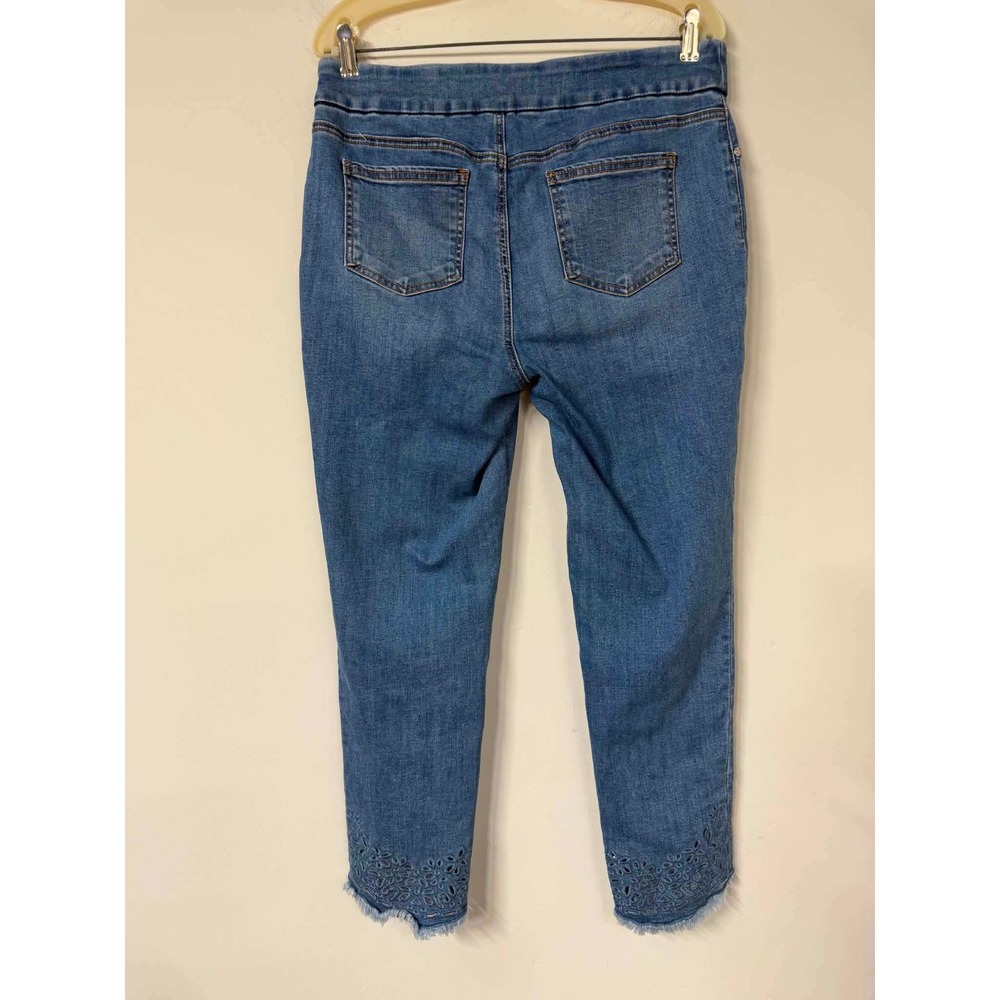 Chico's Womens 1.5R 10R Blue Pull On Jegging Ankle Eyelet Scallop Fray Hem Jeans